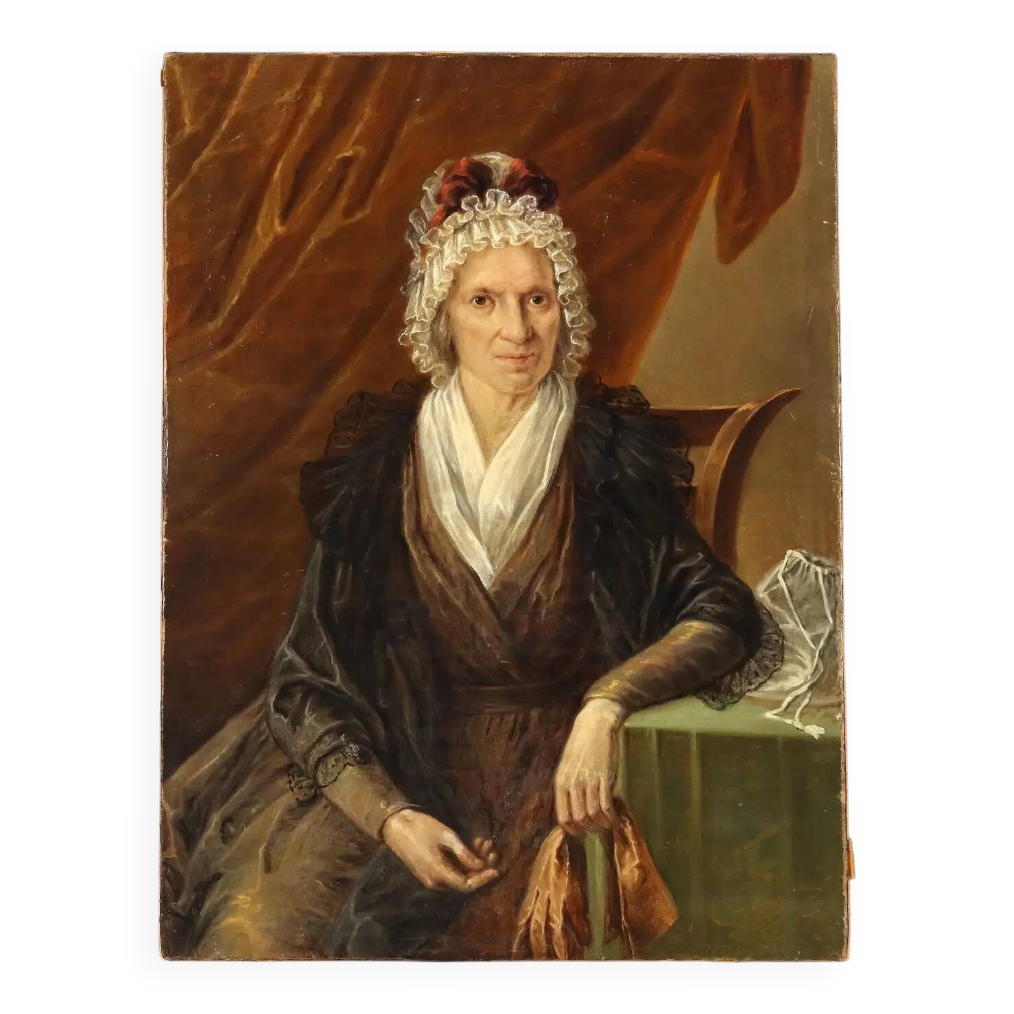 Peinture ancienne, portrait d’une noble dame, huile sur toile, XIXe siècle