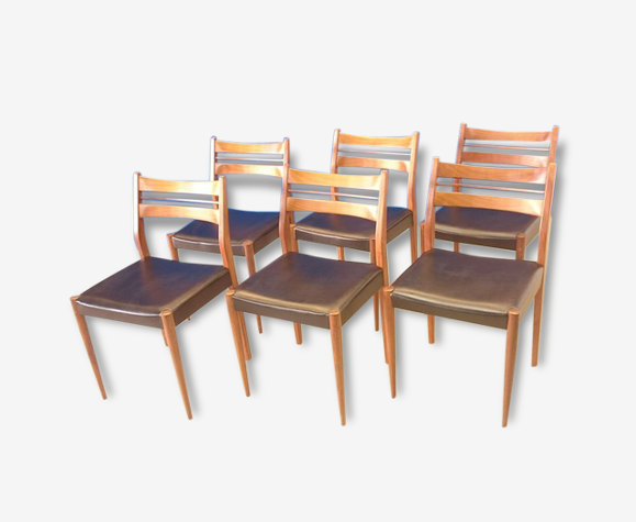 Très belles chaises scandinaves vintage en teck et simili cuir noir x 6 |  Selency