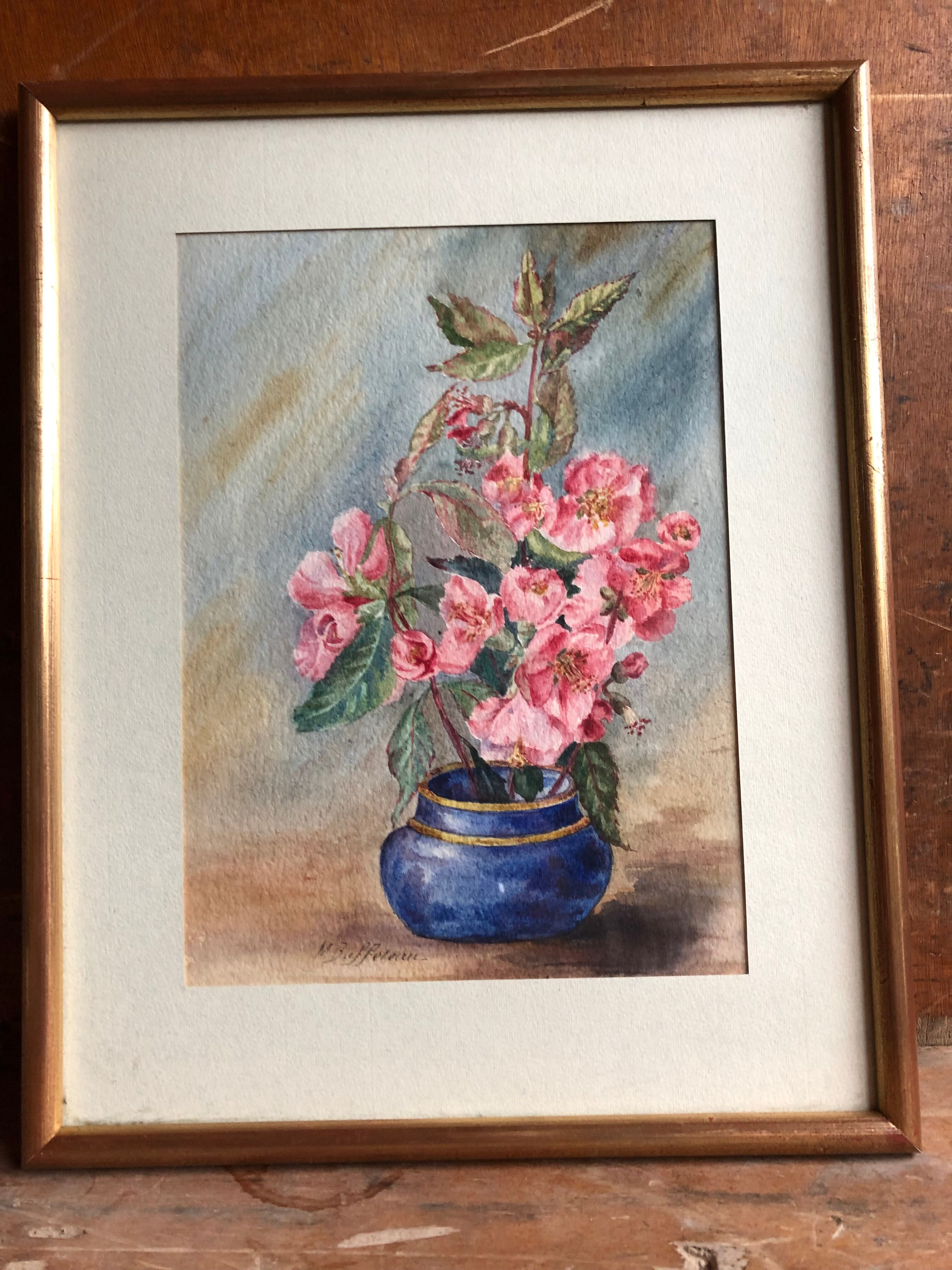 Watercolor painting m. buffeteau bouquet flowers signed & frame gilded wood vintage
