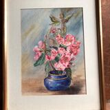 Tableau aquarelle m. buffeteau bouquet fleurs signée & cadre bois doré vintage