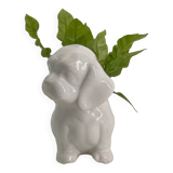 Cache pot chien en porcelaine blanc vintage