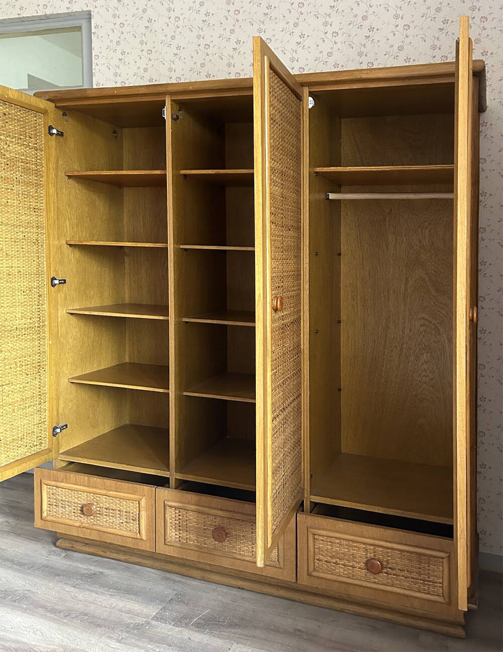 Vintage wardrobe, bamboo and rattan, Maugrion for Roche Bobois, 1980s