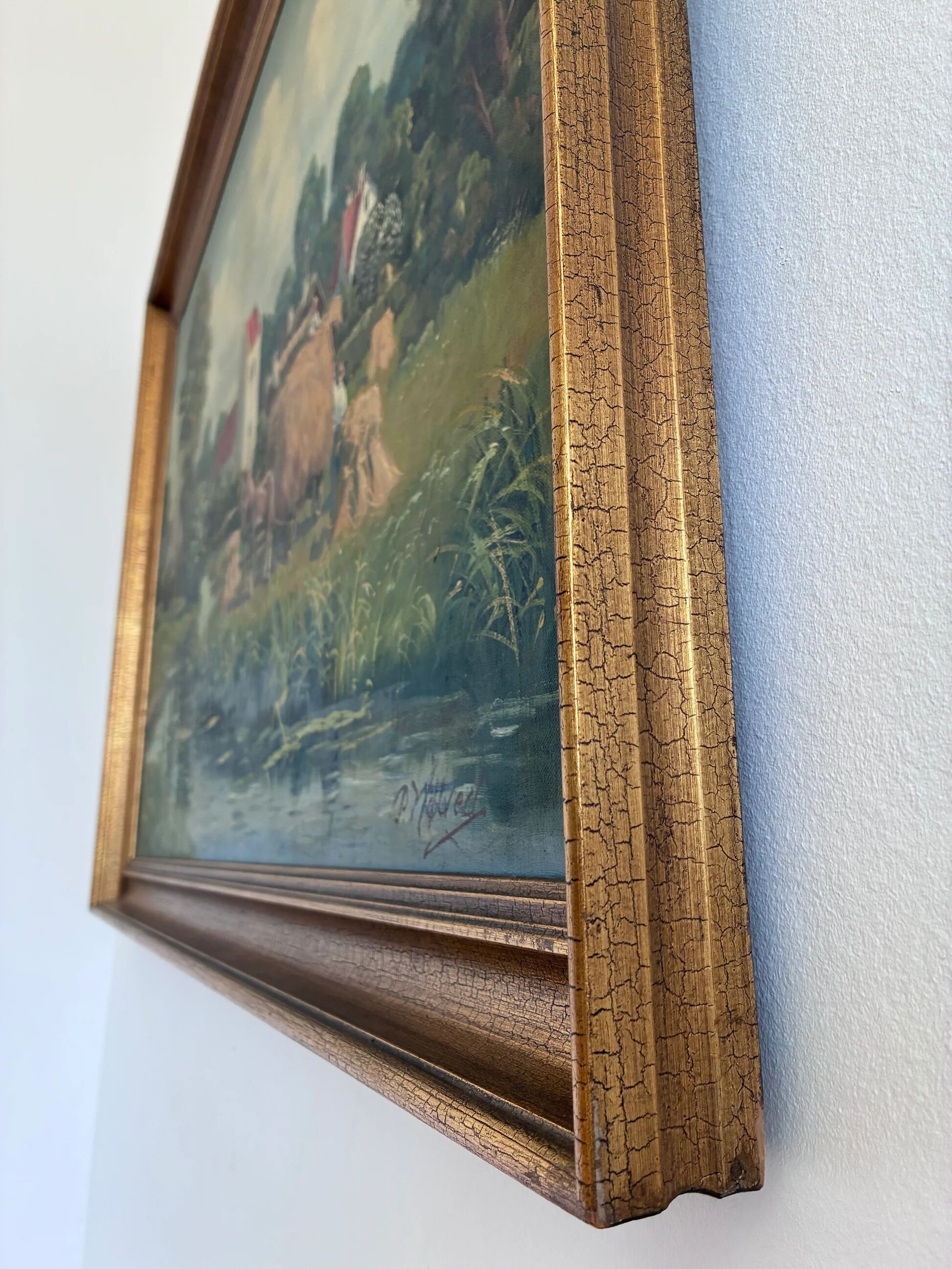 Vintage original large landscape oil painting, signed countryside art