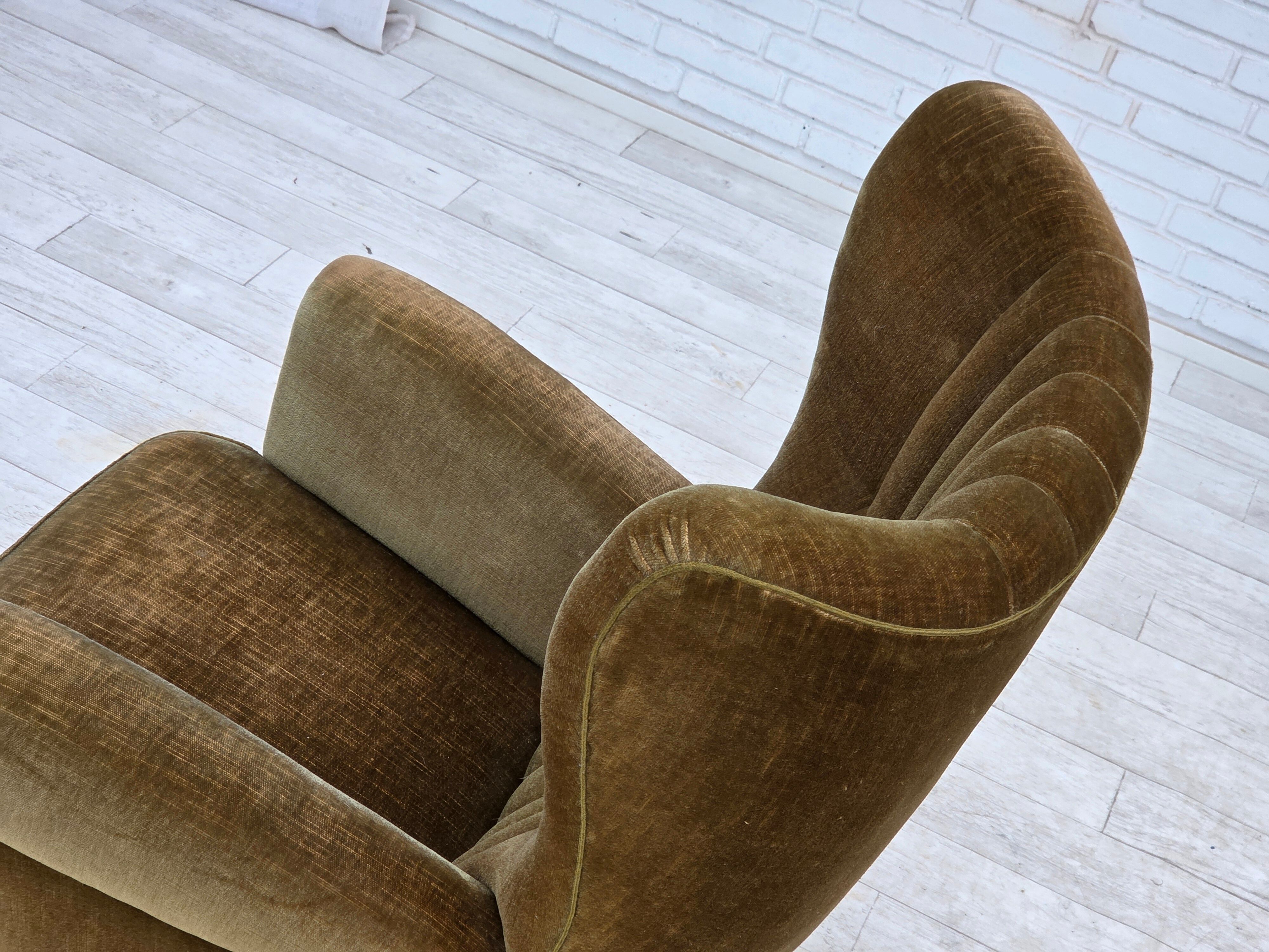 1960s, Danish highback relax armchair, green furniture velour.