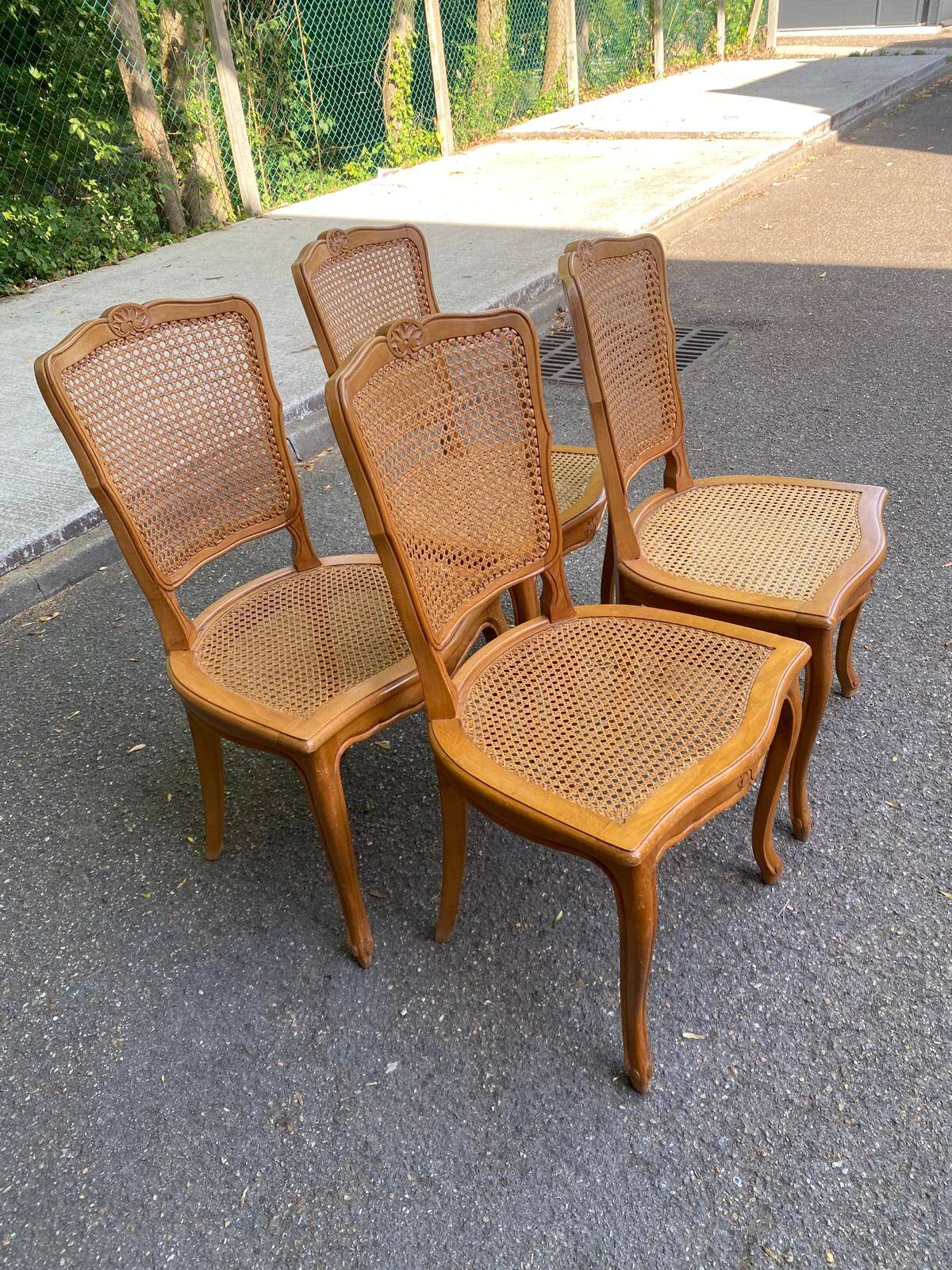 4 Louis XV dining chairs in light solid wood with caning.