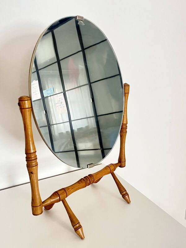Miroir de table inclinable vintage avec base et cadre en bois, années 1970