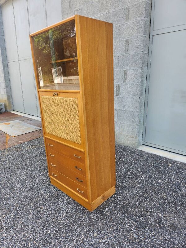 Secrétaire, bibliothèque vintage en rotin et chêne