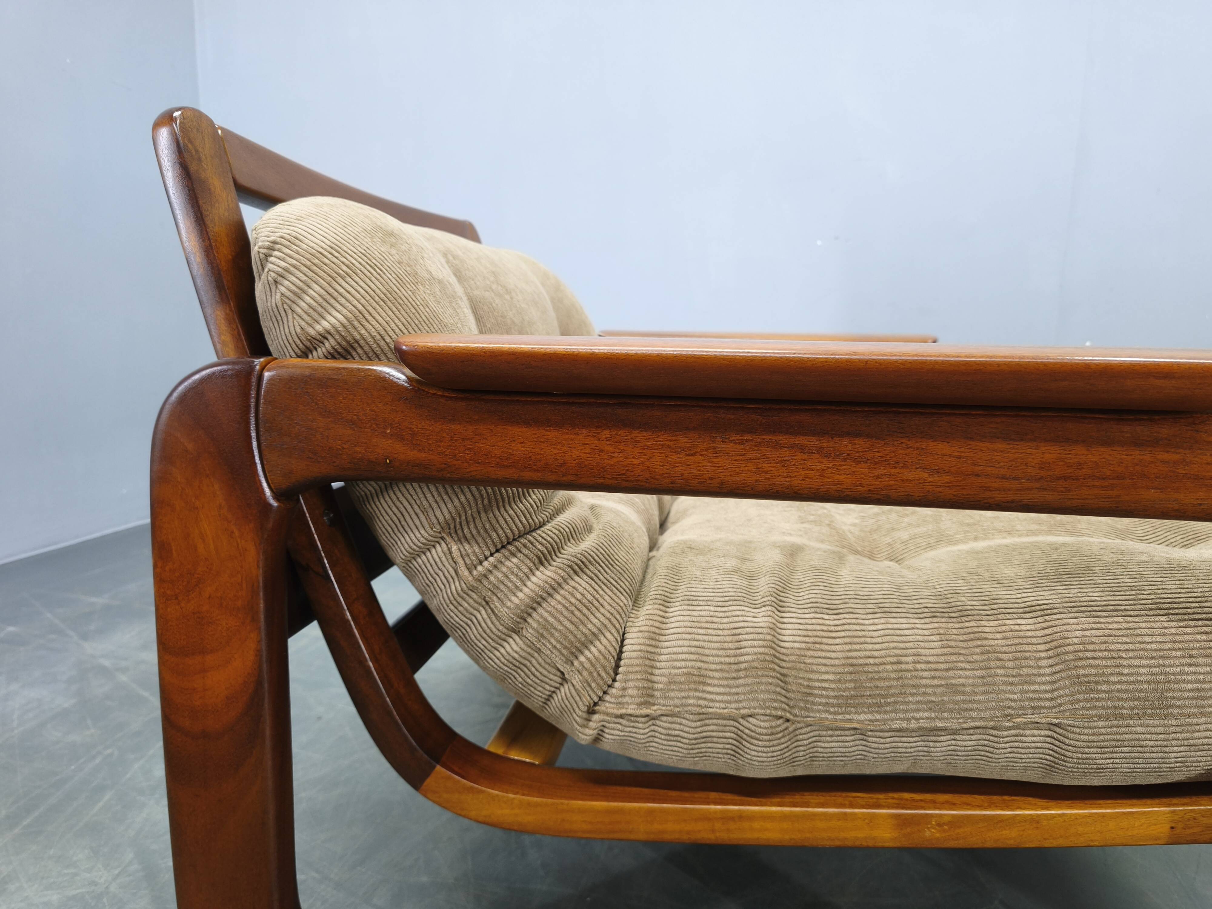 Pair of 1970s Scandinavian lounge chairs, upholstered in corduroy.