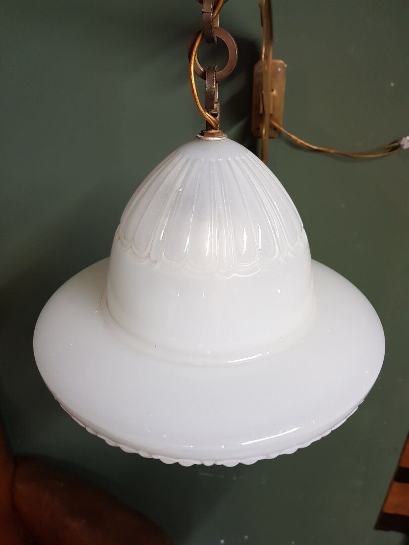 Early 20th century art deco wall lamp with brass bracket and opaline glass shade