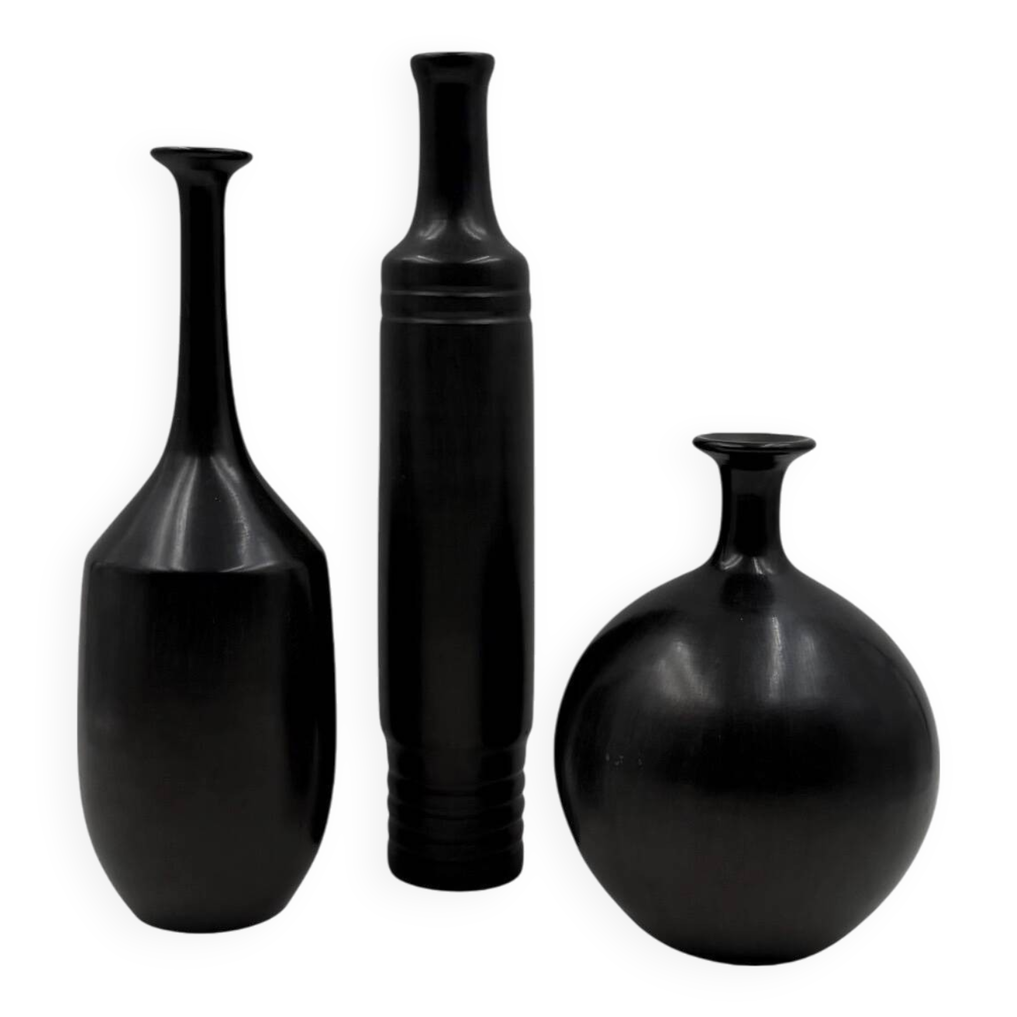 Mid-century set of 3 black bucchero ceramic vases, Sebastiani Italy 1960s
