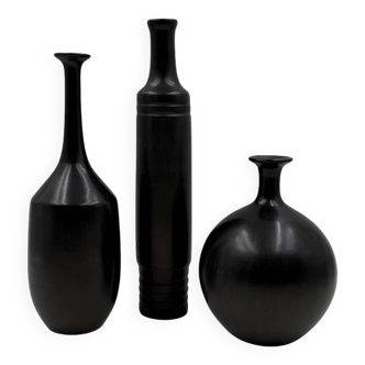 Ensemble de 3 vases en céramique bucchero noirs du milieu du siècle, Sebastiani Italie 1960