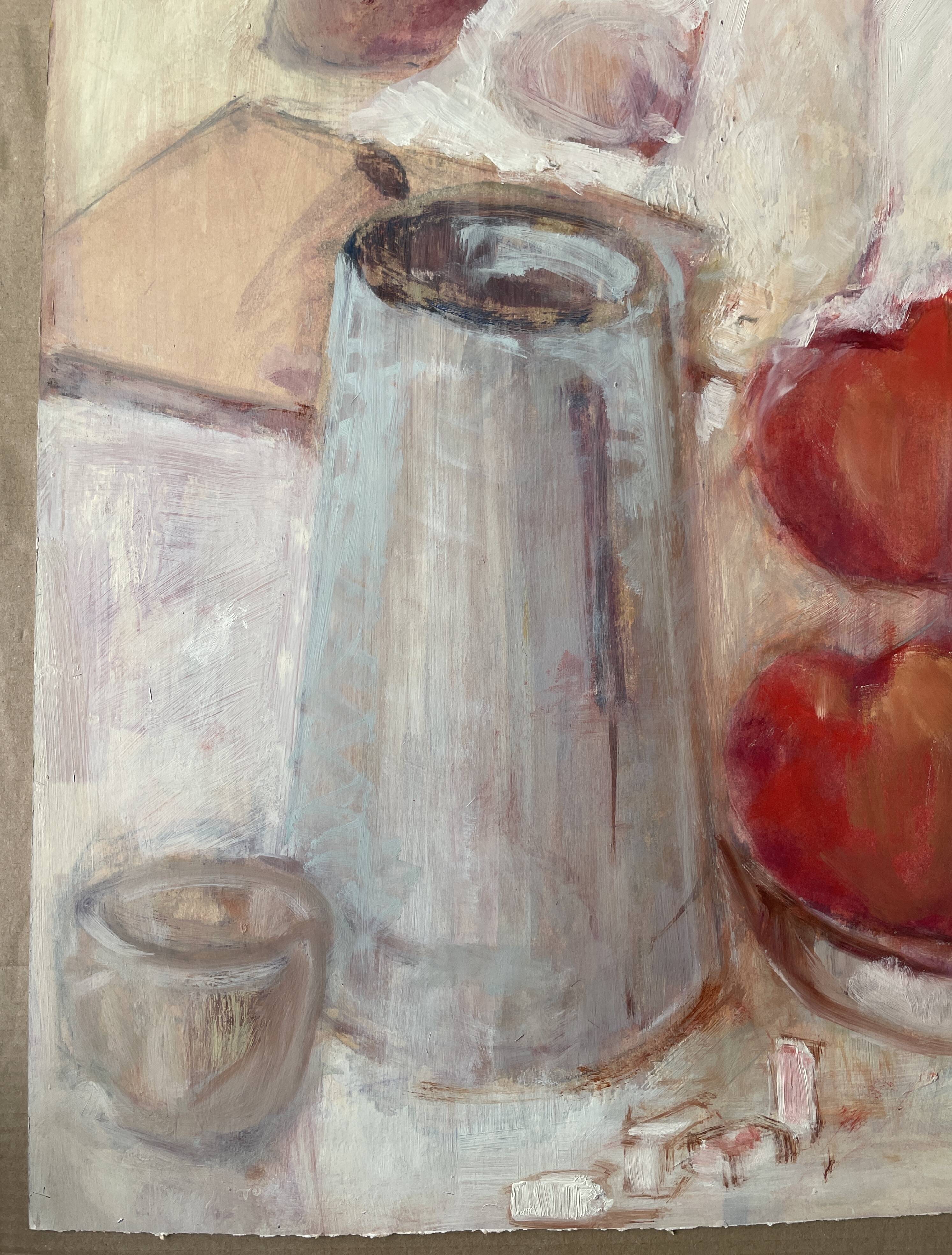 Still life "Red apples and blue pitcher" oil on cardboard