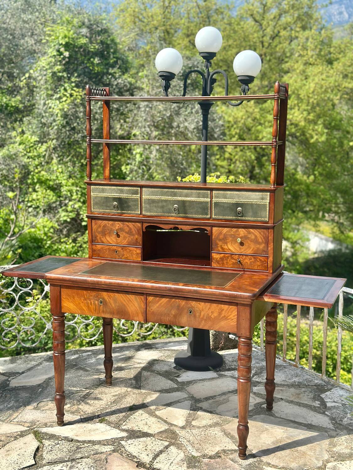19th century flamed mahogany stepped desk