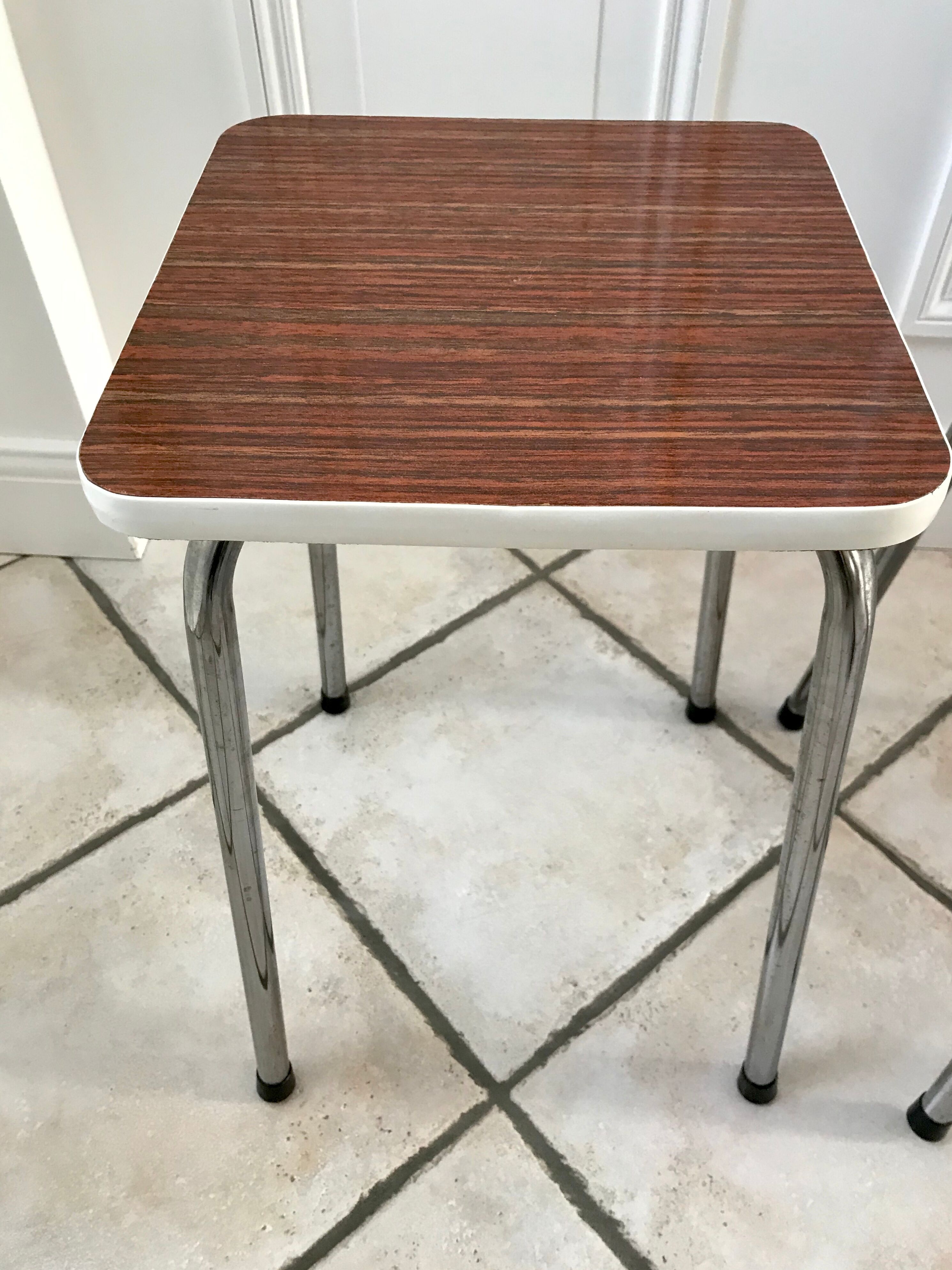 Pair of formica stools brown style veneer and white 70s