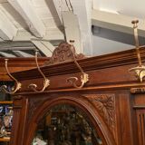 Solid walnut vestibule coat rack with oval mirror and bronze hooks