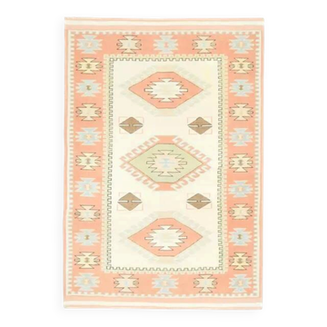 Tapis turc Oushak fait à la main en laine et coton beige des années 1970, 127x186.
