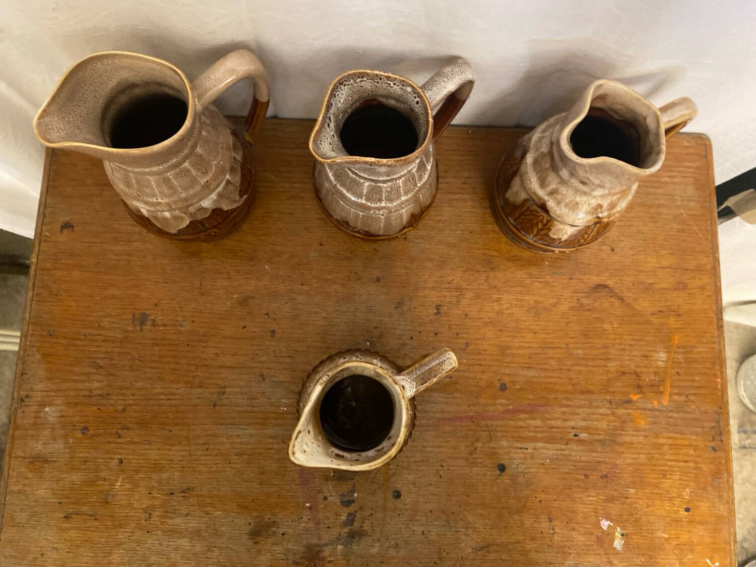 Set of 3 Barrel-Shaped Pitchers in the RÉVOL Style, Vintage Flamed Ceramic