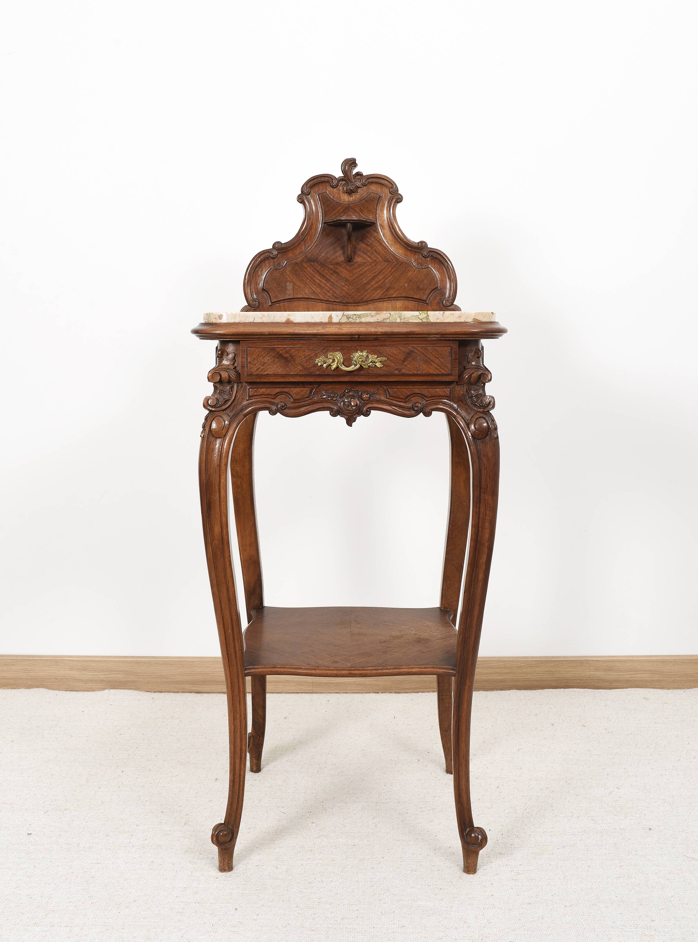 Pedestal table, old bedside table, Louis XV style, in wood and marble