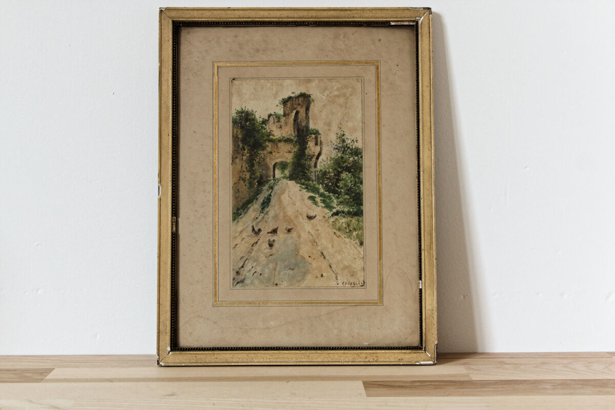 Watercolor signed, chickens in front of a ruin