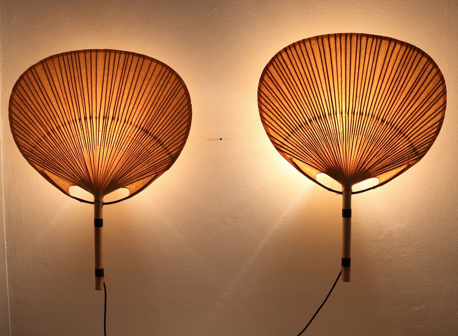 Set of 2 Uchiwa bamboo and rice paper wall lights by Ingo Maurer, Germany 1973
