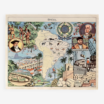 Affiche ancienne carte du Brésil - JP Pinchon - 1950