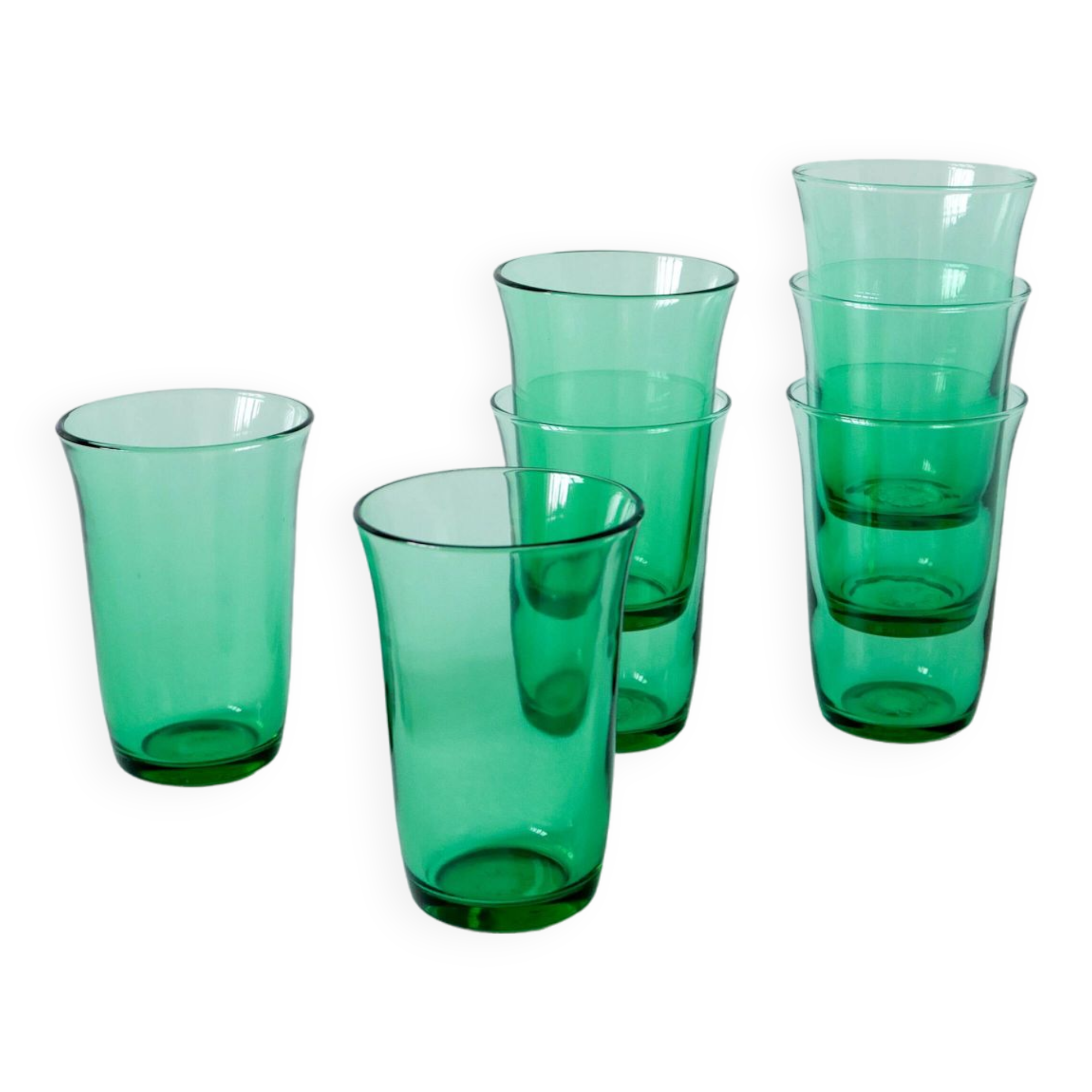 Set of 7 vintage green glass water glasses 1970