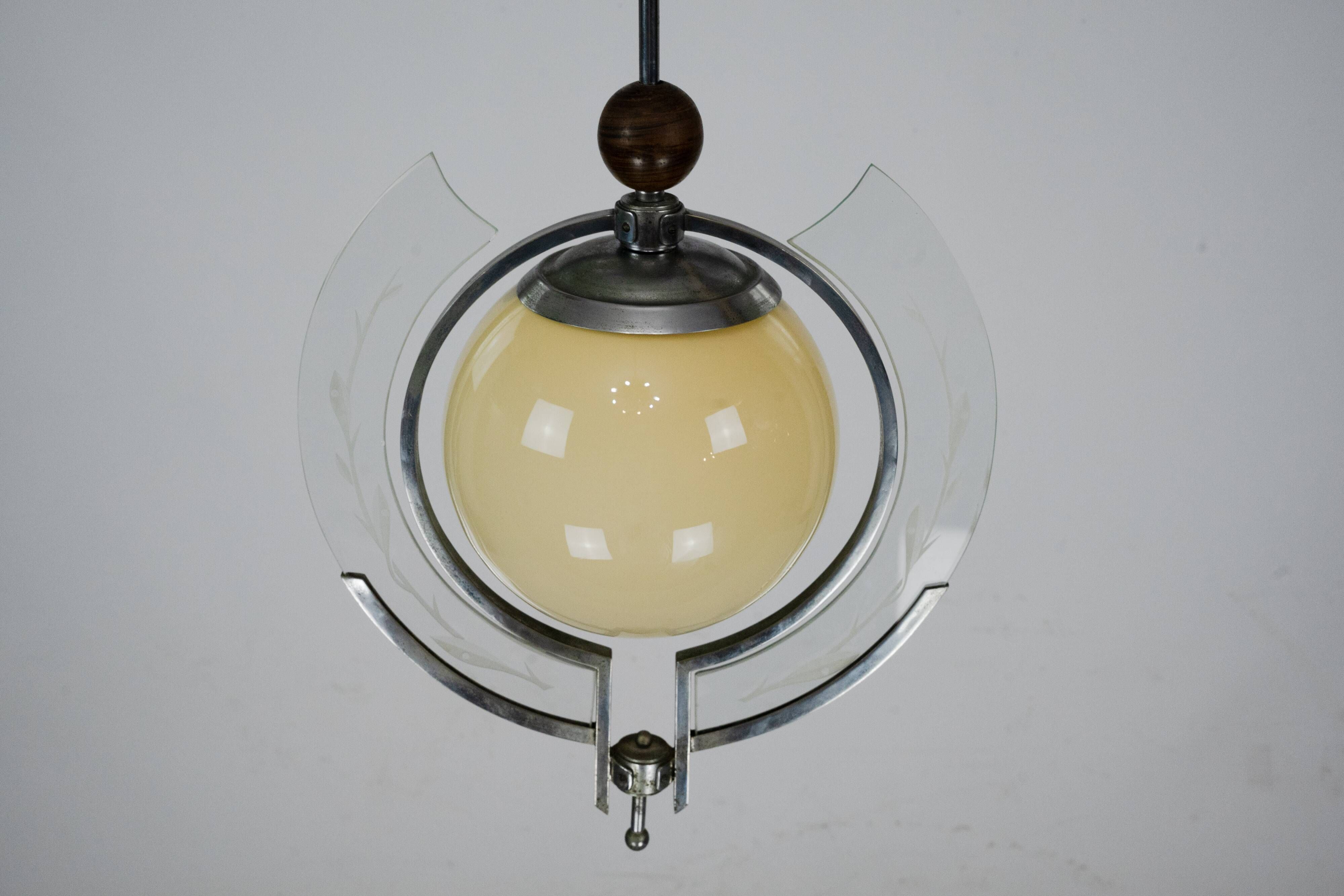 1930s Italian Art Deco Pendant Light with Etched Glass and Amber Globe