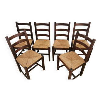 Lot de 6 chaises en bois et paille