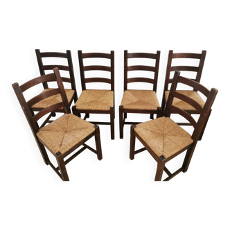 Set of 6 wooden and straw chairs