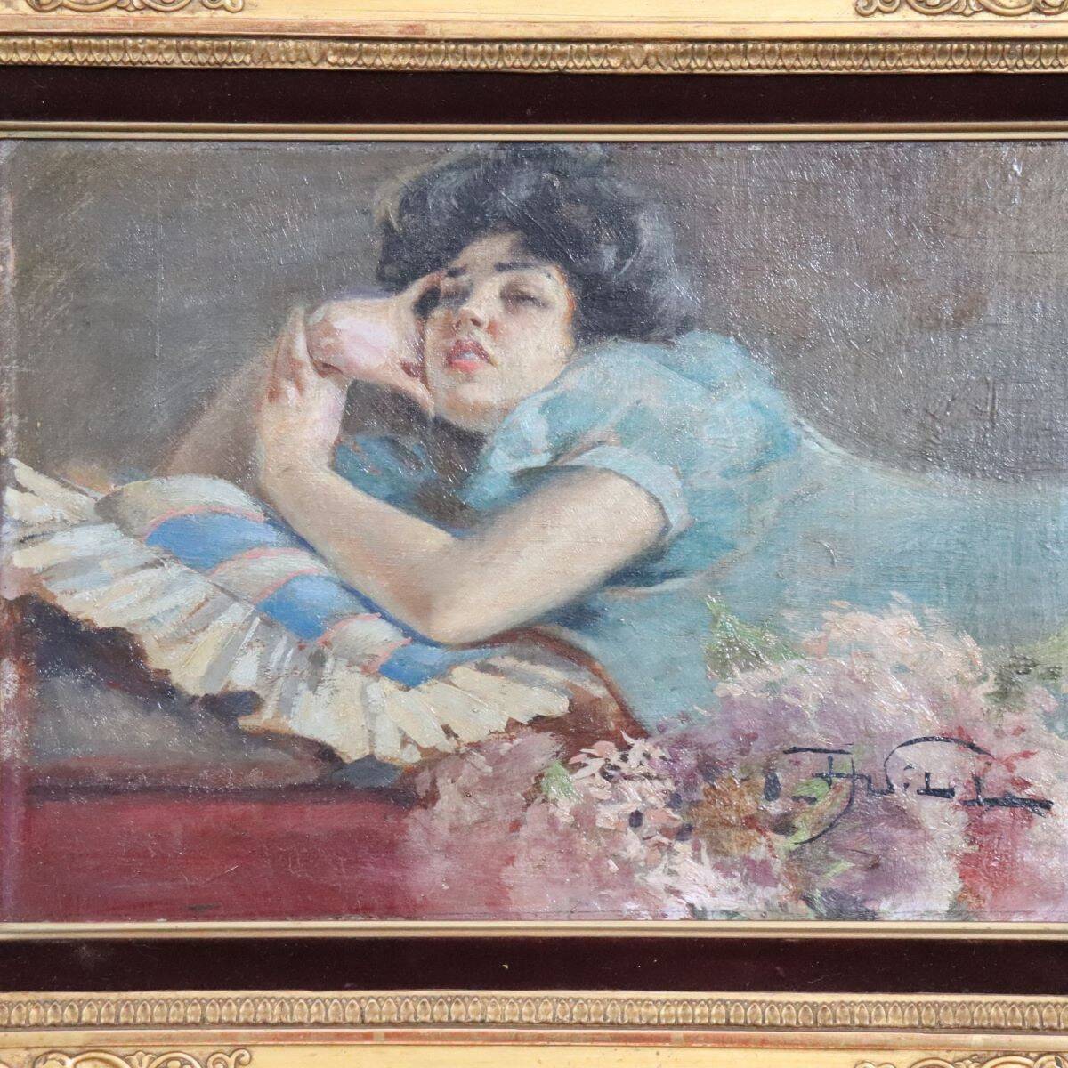 Fille allongée, peinture à l'huile sur panneau signée A Villa, Italie fin du 19ème siècle