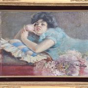 Girl Lying Down, Oil Painting On Board Signed A Villa, Italy Late 19th Century