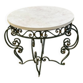Table basse ronde vintage 1950 fer forgé et marbre