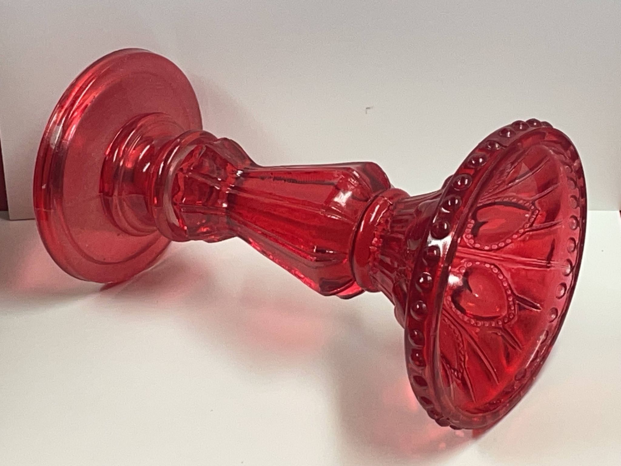 Fancy candle holder in red glass Italian style Empoli glass 18.5 cm