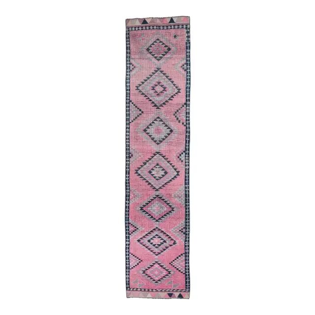 1970s Turkish Handmade Wool Pink Runner 81x363