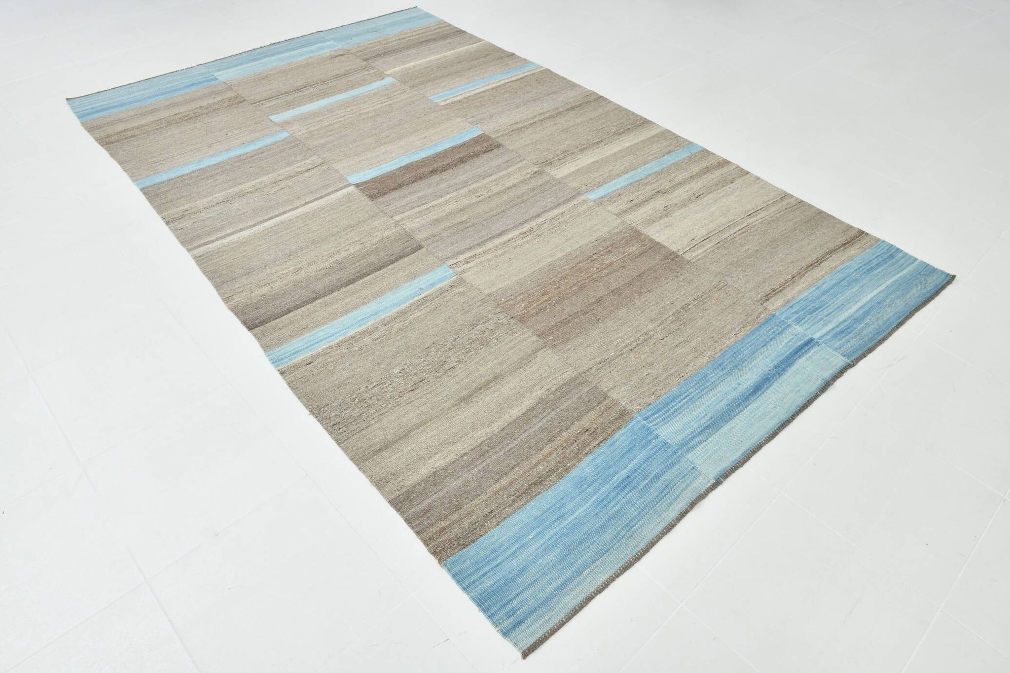 6x10 Blue Brown Handmade Kilim Rug, 190x308Cm