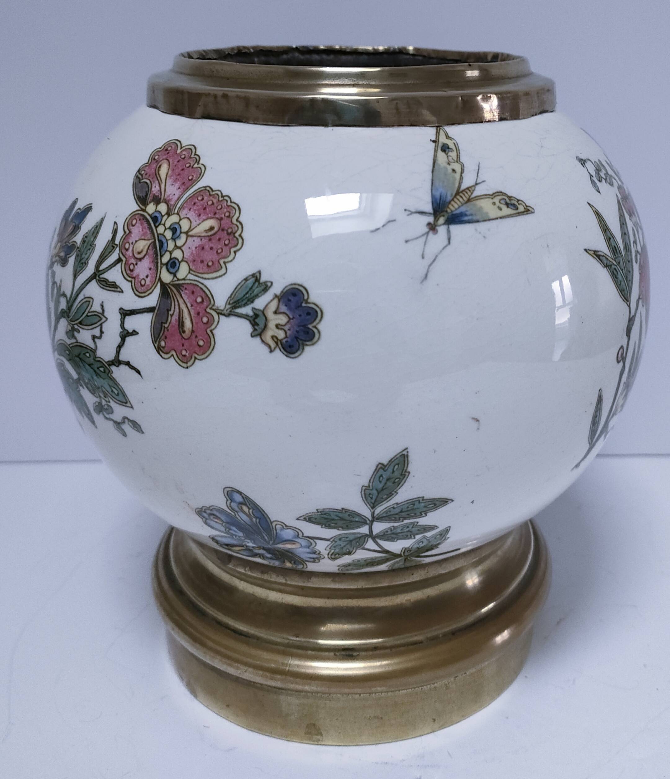 round vase earthenware brass decorated with flowers and insects early 20th century