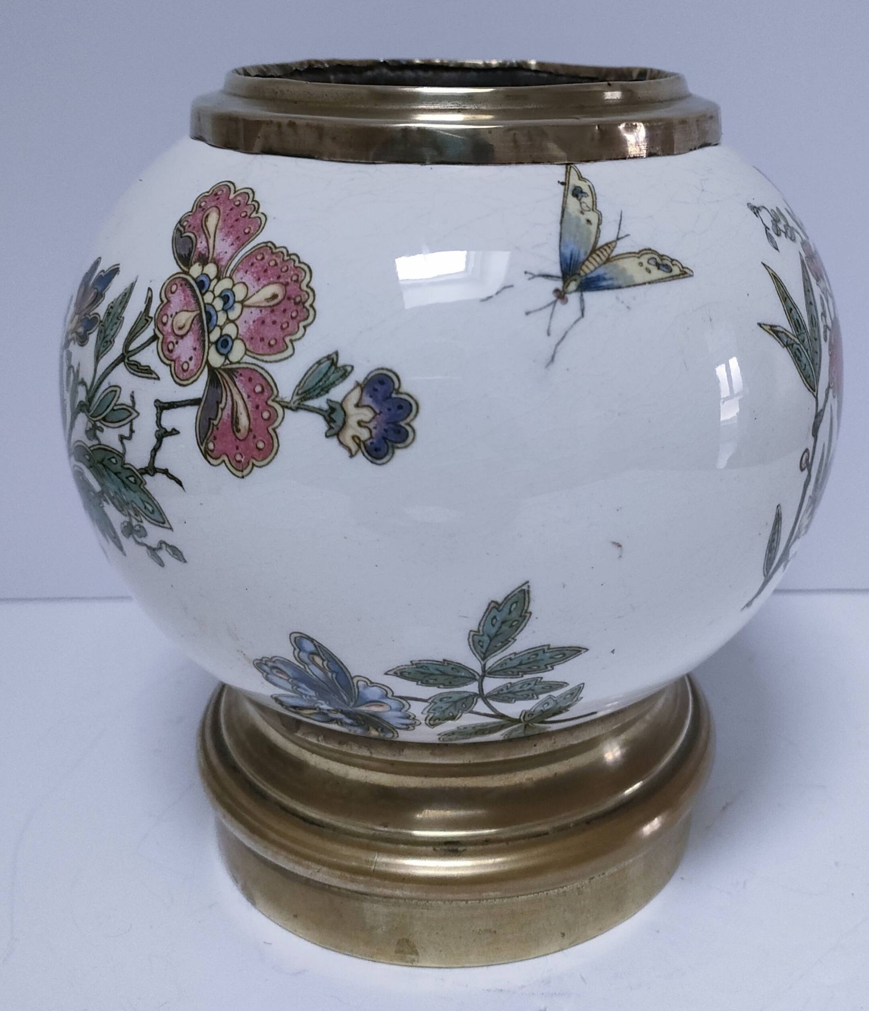 round vase earthenware brass decorated with flowers and insects early 20th century