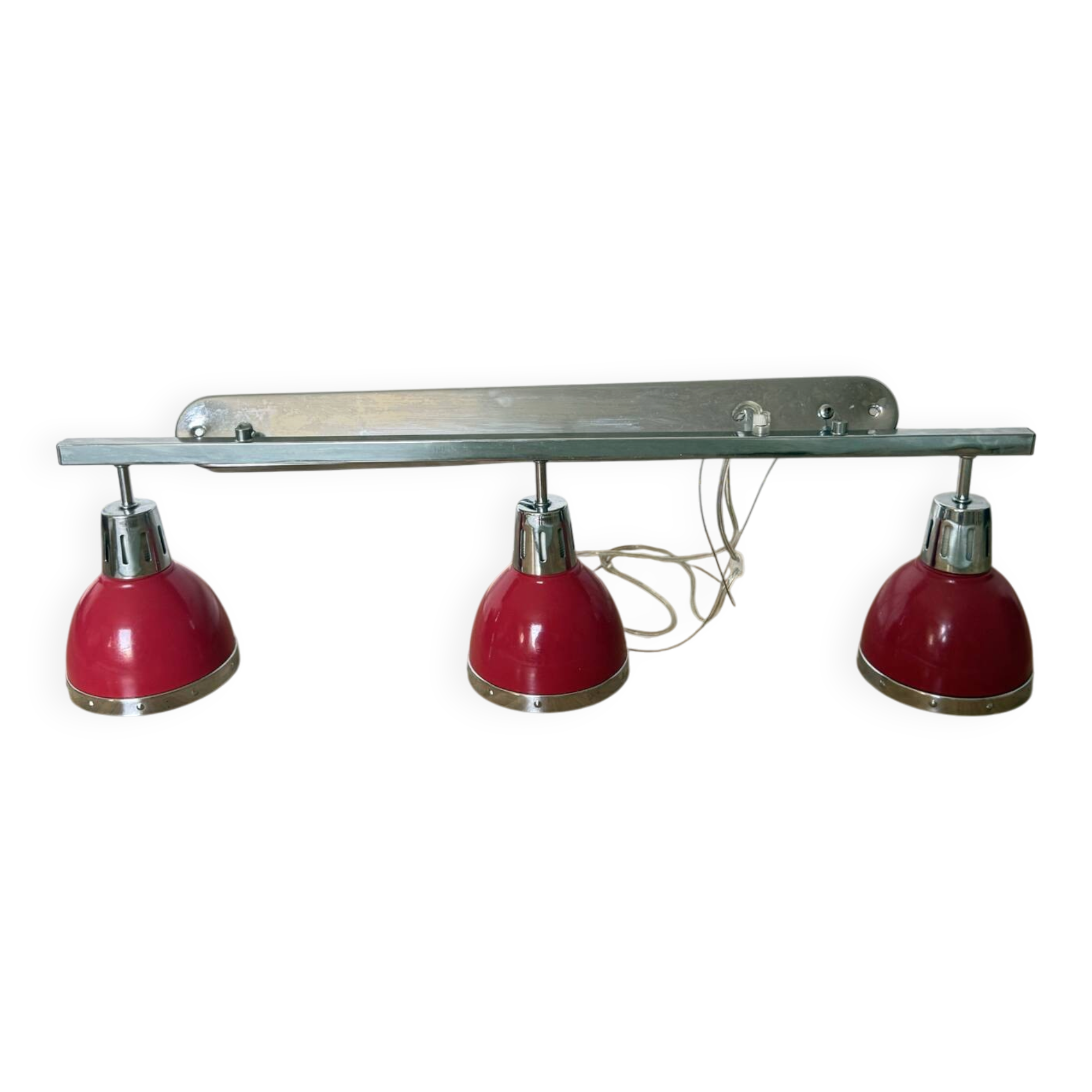 Designer pendant light with 3 red and chrome spots