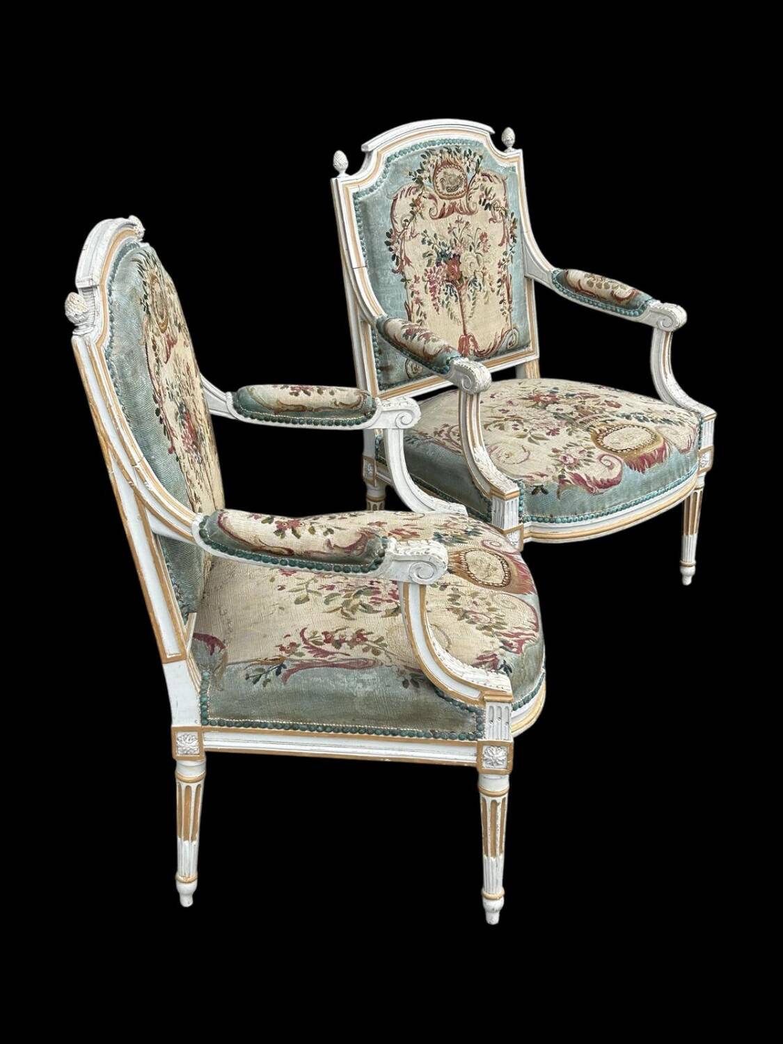 Pair of Louis XVI Cabriolet Armchairs - Lacquered and Upholstered Beech