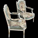 Pair of Louis XVI Cabriolet Armchairs - Lacquered and Upholstered Beech