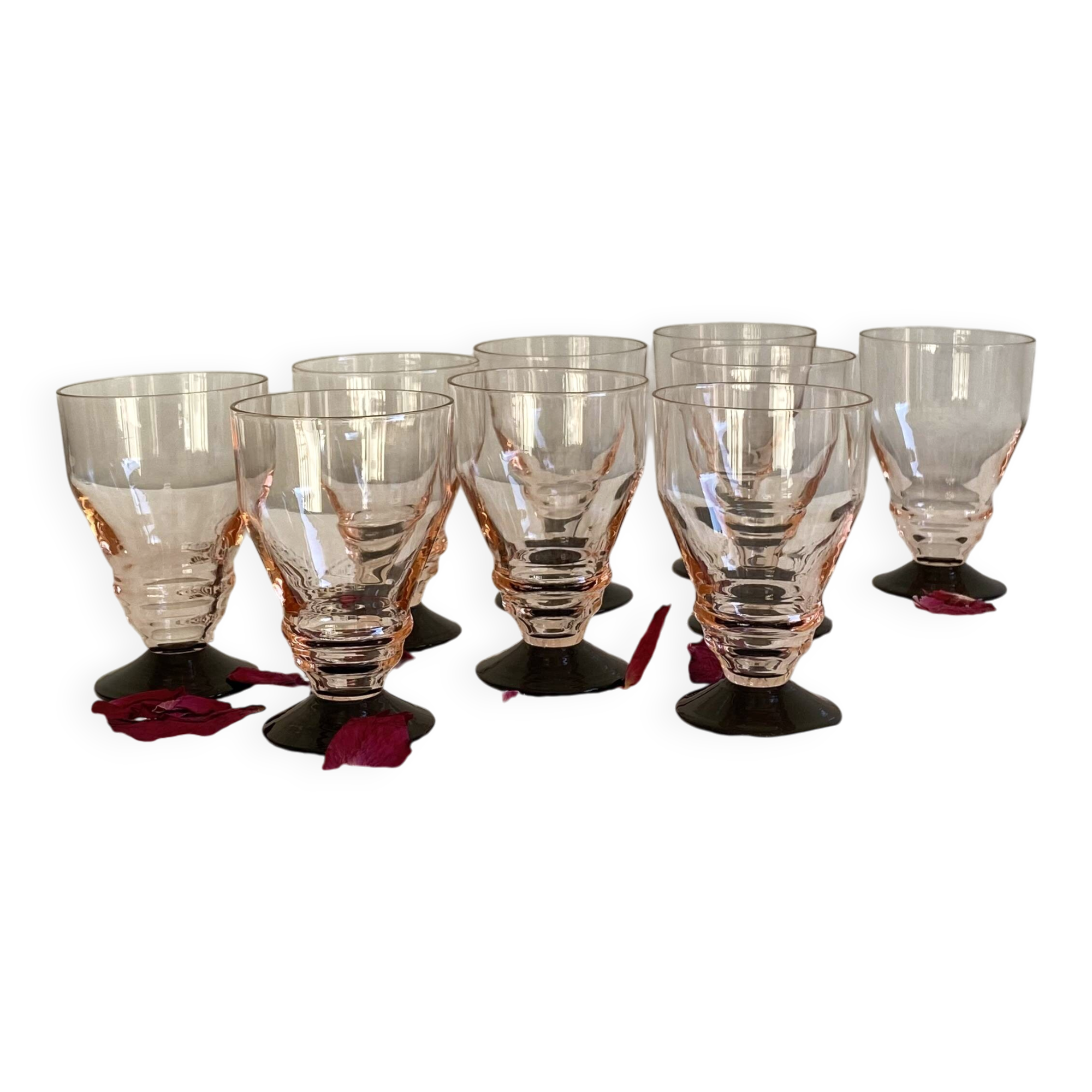 9 pink art deco wine or water glasses with black stem