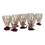 9 pink art deco wine or water glasses with black stem