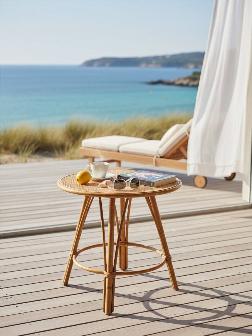 Table d'appoint tripode vintage en rotin et bambou (Ø44 cm) – Style Riviera