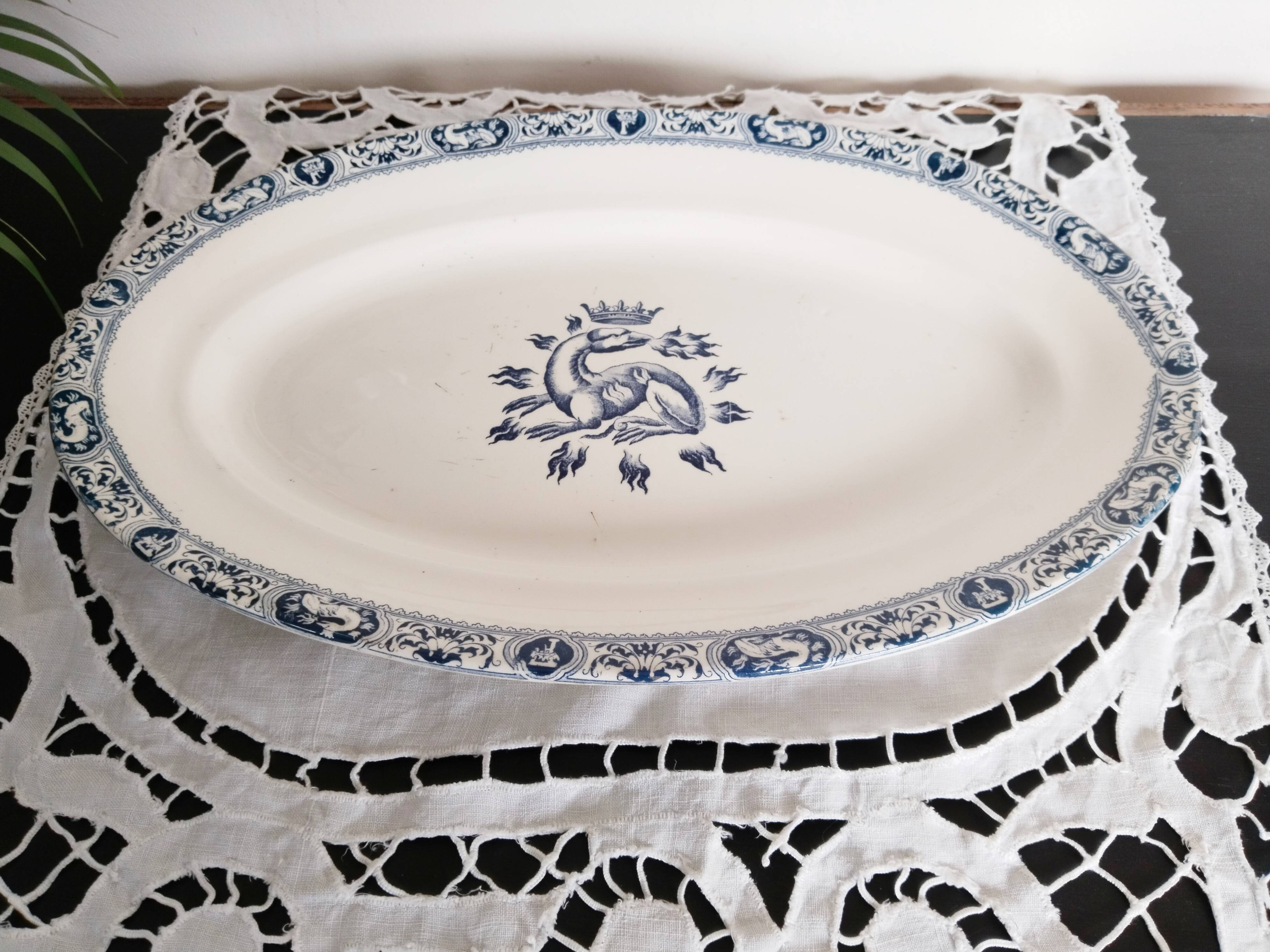 Oval earthenware serving dish Terre de Fer, Salins, Salamander François I motif
