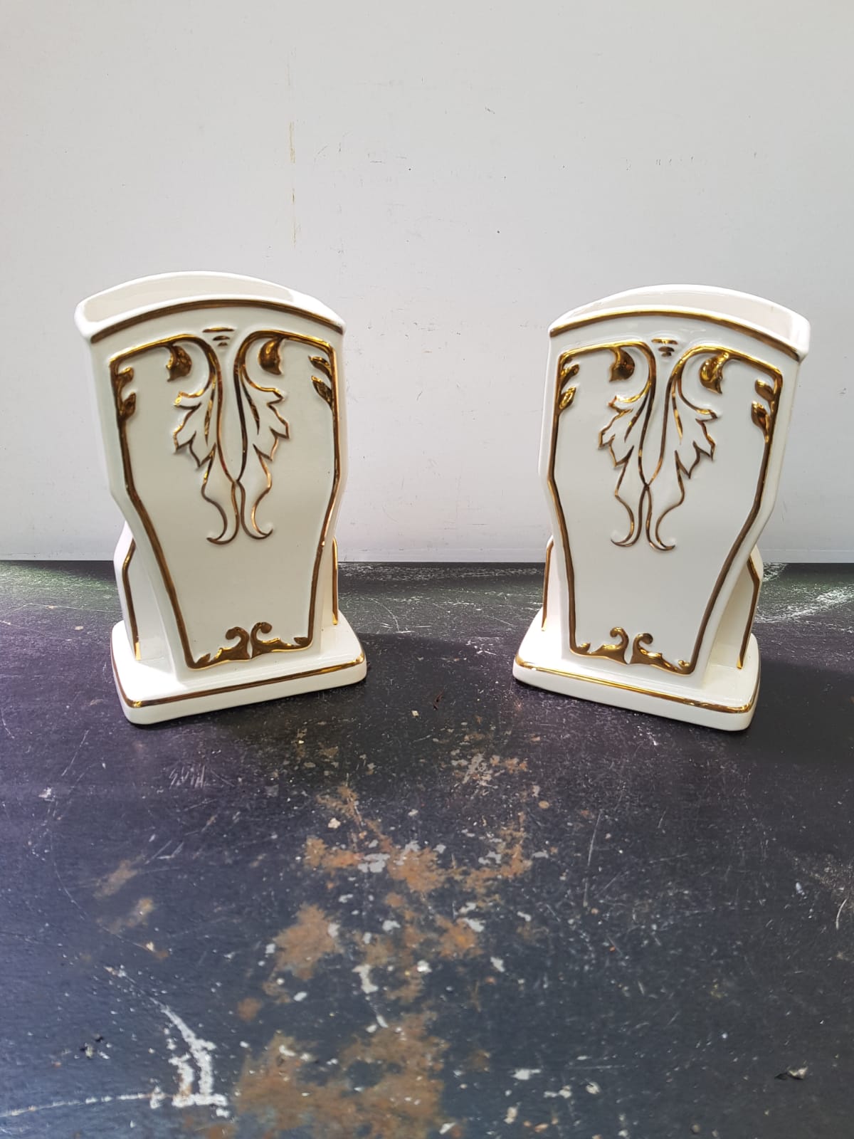 Pair Of Old White Art Ceramic Vase + Golden Decor Made In France Vintage