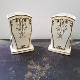 Pair Of Old White Art Ceramic Vase + Golden Decor Made In France Vintage