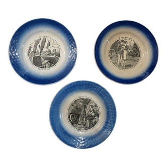 3 old decorative plates Moulin des Loups, Hamage, sports