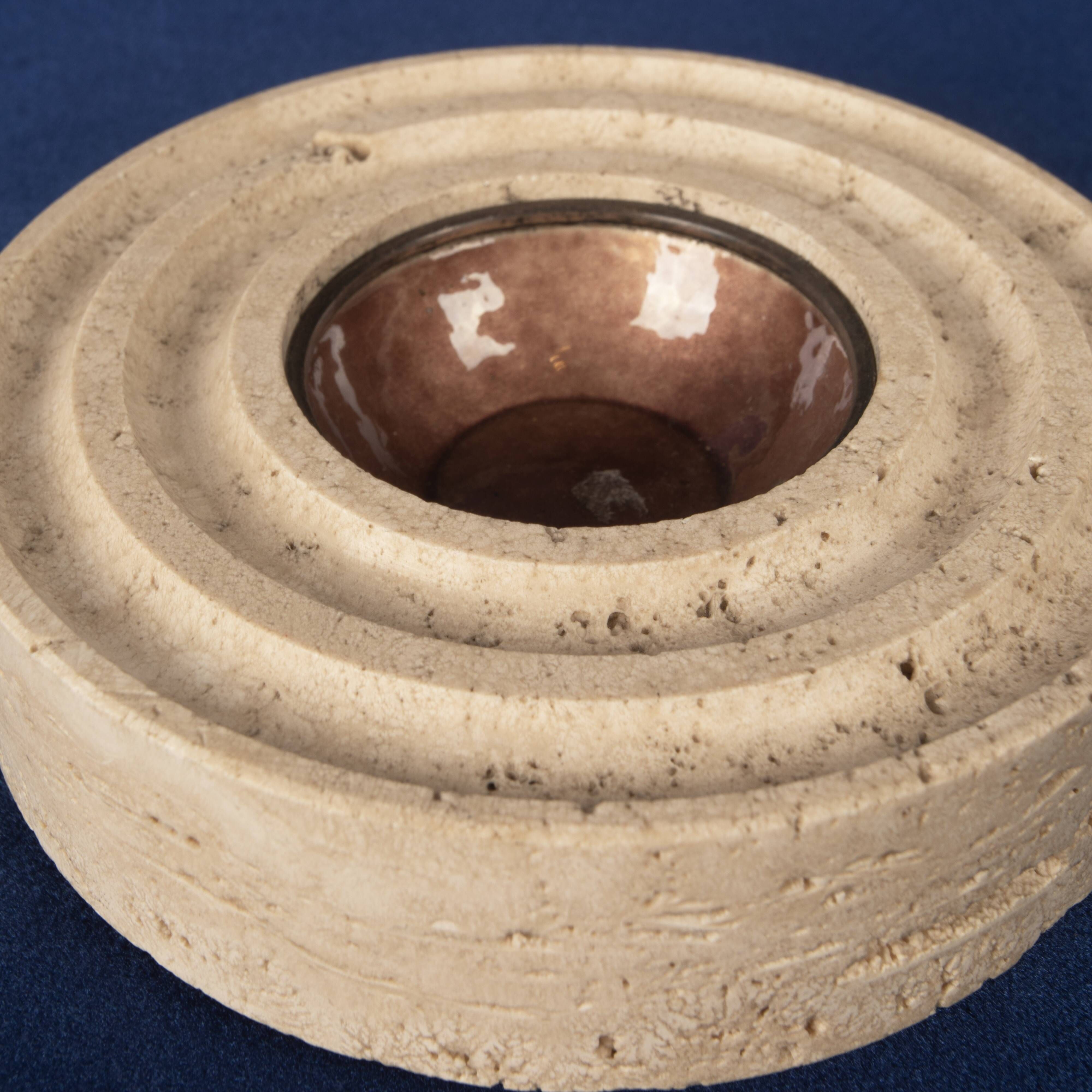 Italian Round Travertine and Copper-Toned Metal Ashtray, 1970