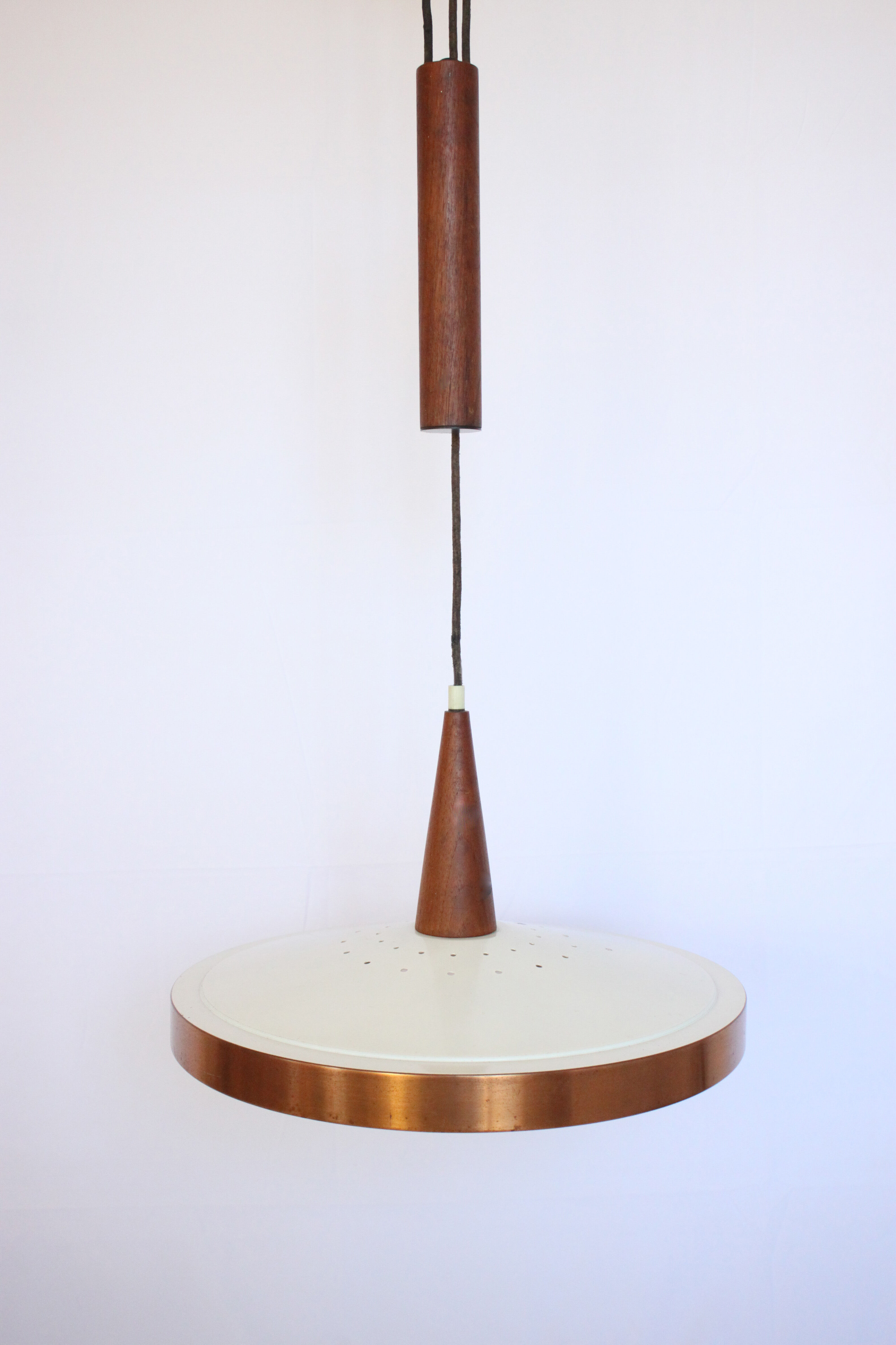 Scandinavian teak and copper hanging mounts and drops