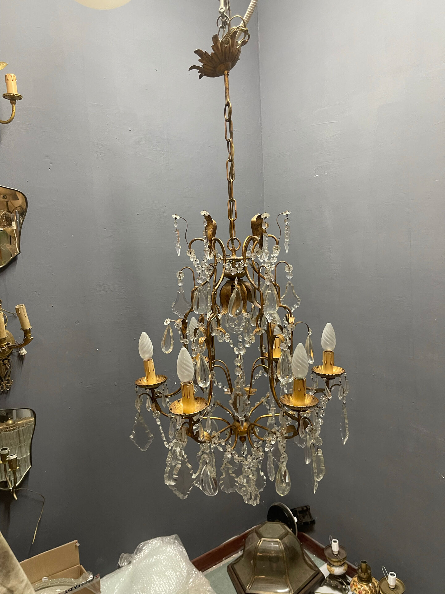 Large Gilded Florentine Tole and Crystal Chandelier, 1950s